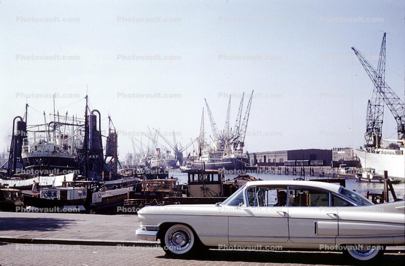 1959 Cadillac, Car, automobile, vehicle, Docks, Cranes, Harbor, Rotterdam, September 1959, 1950s