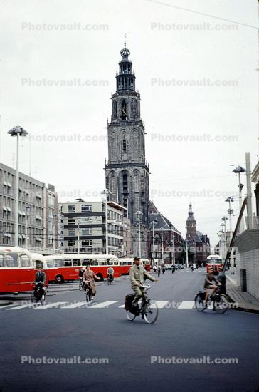Tower, Building, Crosswalk, Bicycles, Buses, Street, Groningen, September 1959, 1950s