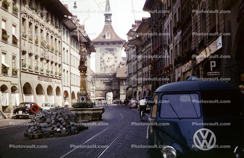 Cars, Street, Rail Tracks, Clock Tower, Volkswagen Van, buildings, Groningen, September 1959, 1950s