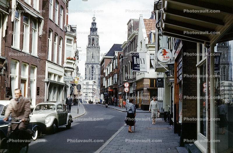 Tower, Volkswagen Beetle, sidewalk, street, buildings, shops, stores, Groningen, September 1959, 1950s