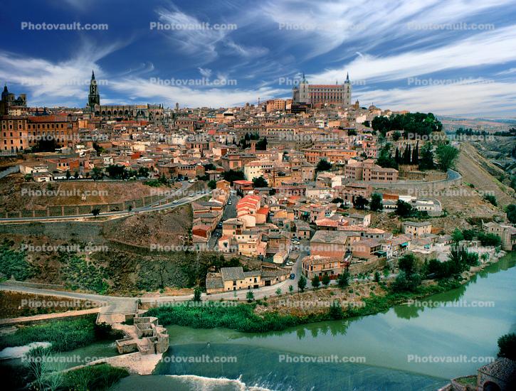 Alcazar of Toledo, Castile-La Mancha, Cityscape, hill, houses, buildings, Tagus River, Castle