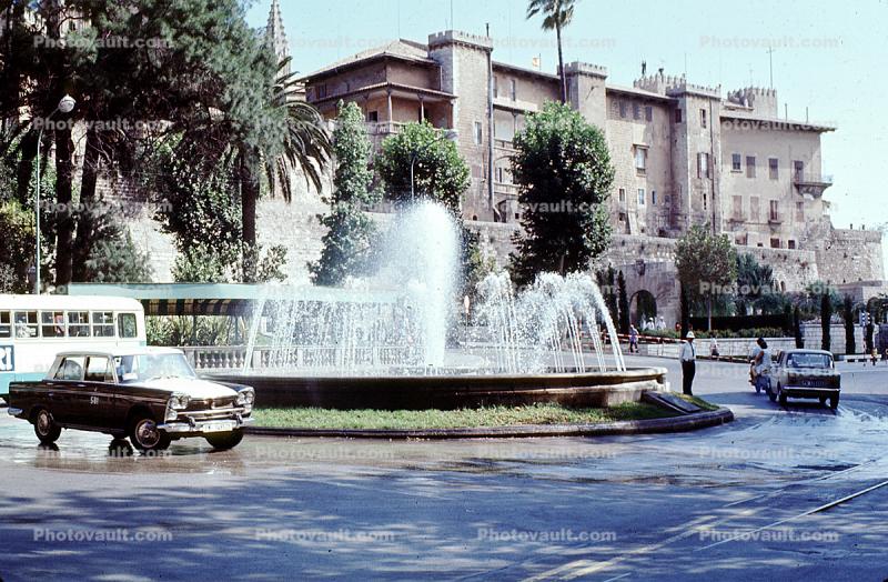 Water Fountain, aquatics, Cars, building, castle, Palma Spain, September 1971