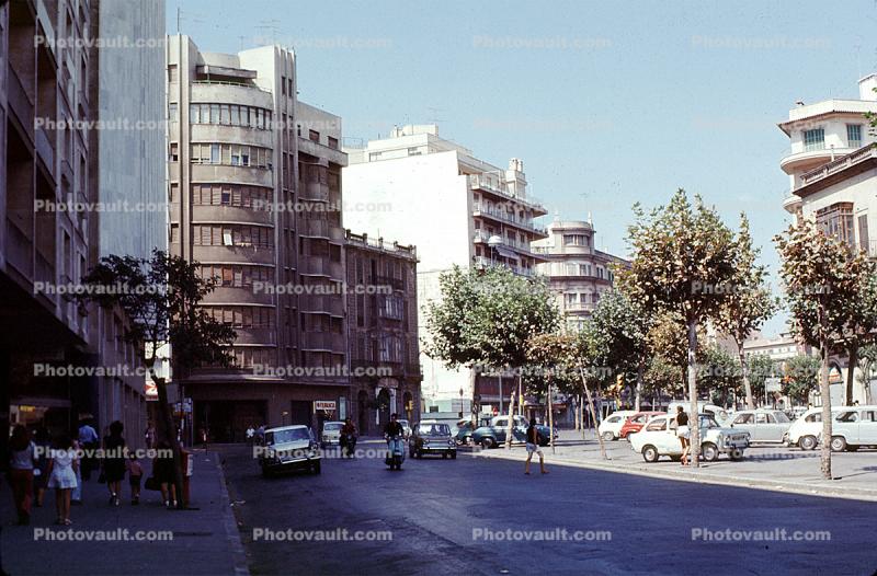 Cars, Vespa, buildings, Palma Spain, sidewalk, September 1971