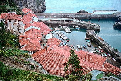 Shore, coastal, buildings, waterfront, boats, harbor, Red Rooftops
