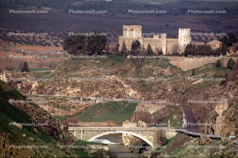 Bridge over the Tagus River, castle, highway, road, building, valley