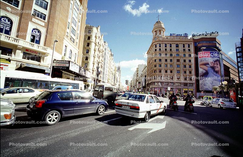 Cars, Street, Traffic Jam, Buildings, Arrow, Madrid