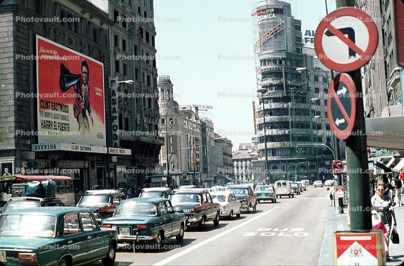 Cars, buildings, traffic jam, July 1974