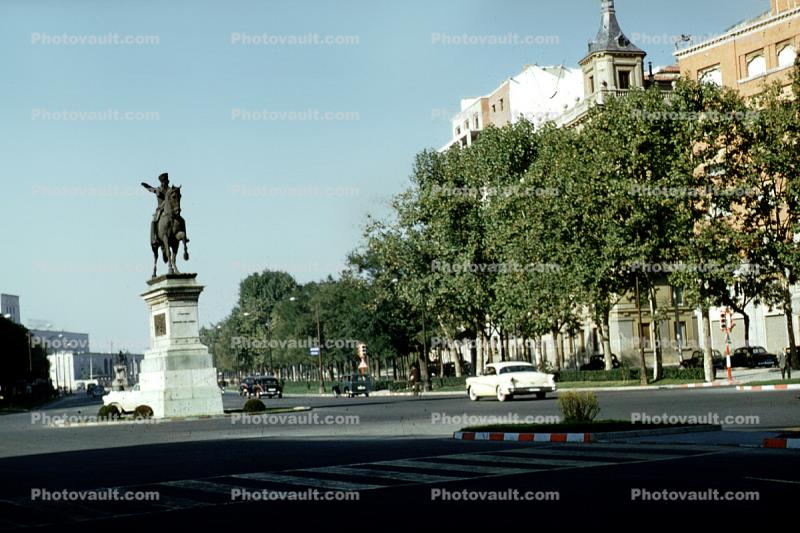 Equestrian Statue, monument, street, cars, trees, 1950s