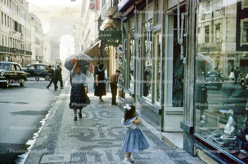 Curb, Little Girl on Tile Sidewalk, cars, 1950s