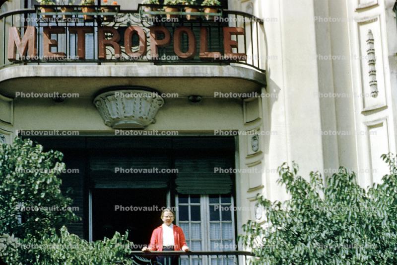 Hotel Metropole, woman, balcony, 1950s