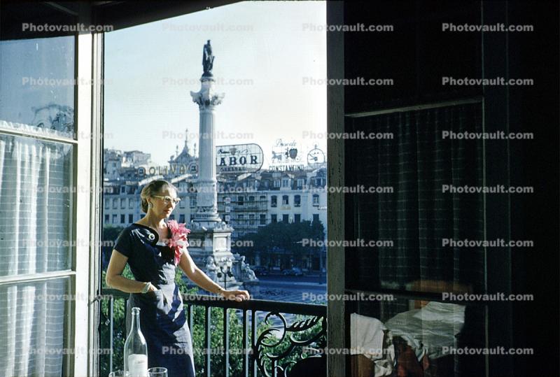 Woman, hotel, column, statue, Hotel Balcony, 1940s