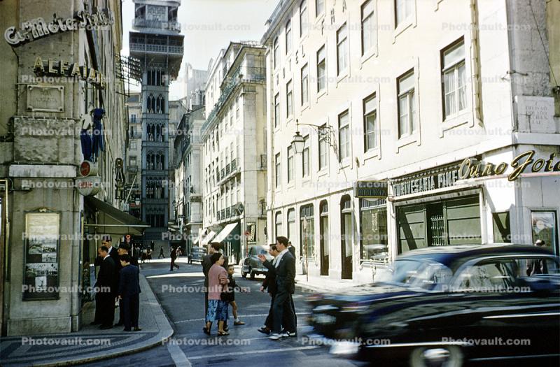 Elevador de Santa Justa, Santa Justa Lift, Landmark Elevator Observation Tower, Lisbon, Lisboa, buildings, crosswalk, car, landmark, Lisbon, 1950s