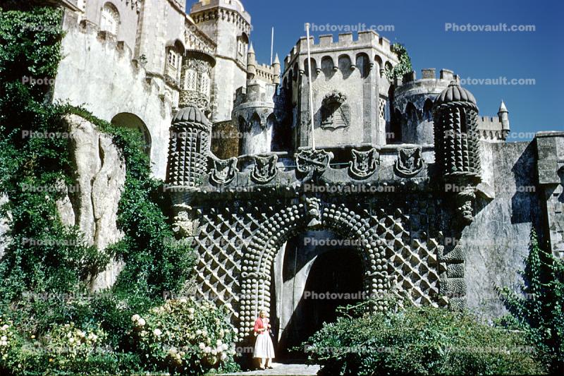 Entrance gate to Pena National Palace, Castle, building, woman, gardens, Sintra