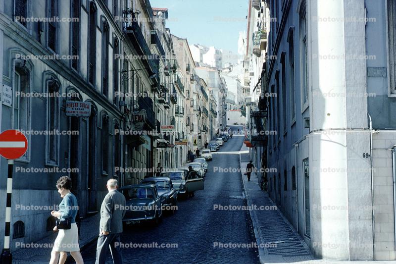 Cars, Steep Street, buildings, road, Lisbon, 1950s