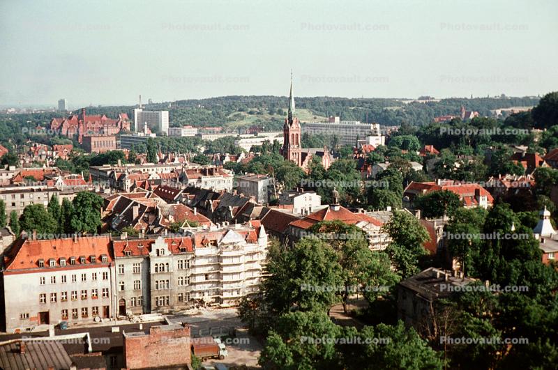Church, trees, skyline, buildings, Gdansk, Danzig, August 1973, 1970s