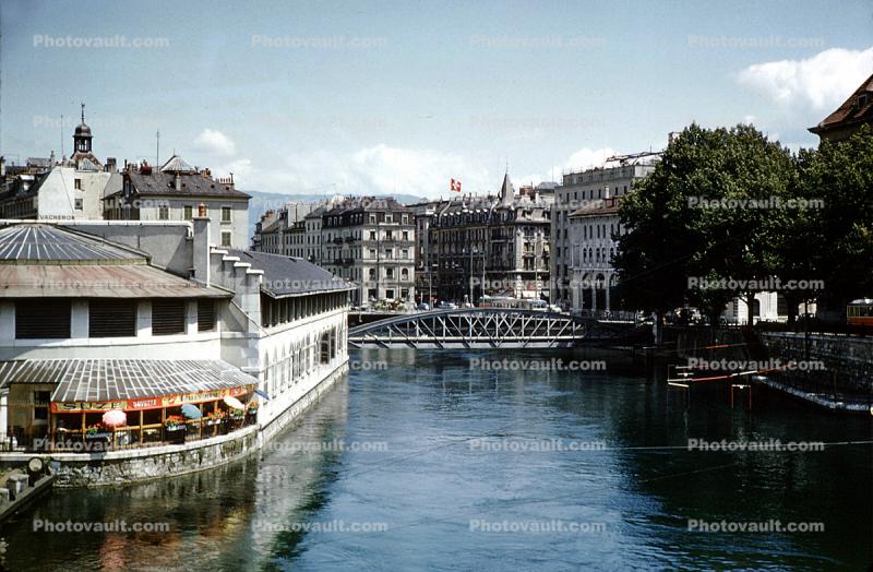 River, Buildings, Bridge, Water, Geneva, Switzerland, 1950s