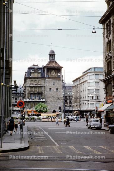Clock Tower, Street, Geneva, Switzerland, 1950s