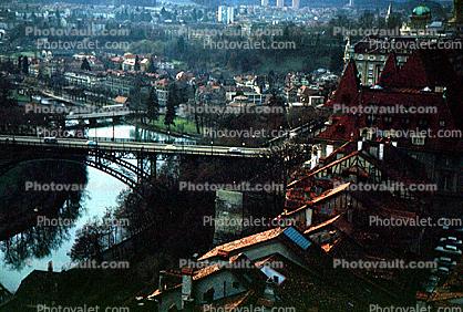 Houses, River, Buildings, Bern, Switzerland, 1950s