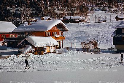 Homes, Snow, Cold, Houses, Buildings, Wengen, Switzerland, 1950s