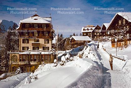 Homes, Snow, Cold, Houses, Buildings, Wengen, Switzerland, 1950s