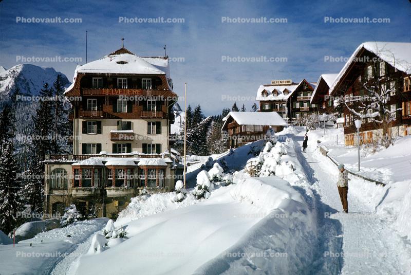 Winter, Snow, Buildings, Wengen, Switzerland, 1950s