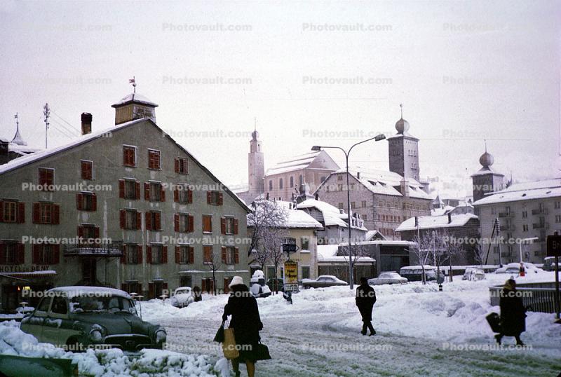 Winter, Snow, Buildings, Grindelwald, Switzerland, 1950s