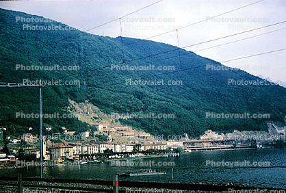 Lake, Catenary Wires, Bissone, Switzerland, 1950s