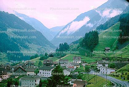 Road, Homes, Buildings, Valley, Mountains, north of Gotthard Tunnel, Switzerland, 1950s