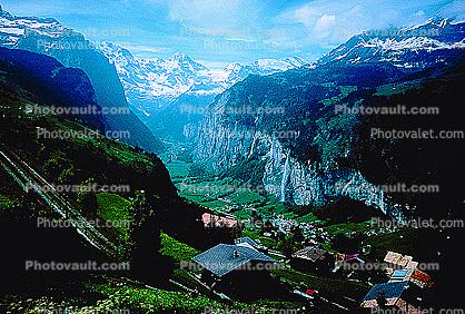 Classic overview, Valley, Waterfall, Wengen, Switzerland, 1950s