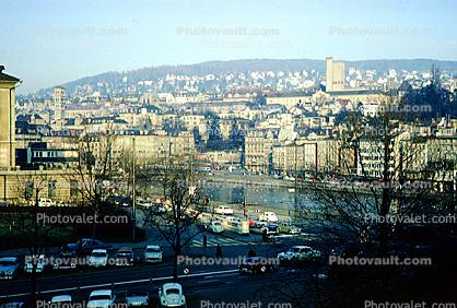 River, Buildings, Hills, Cars, Zurich, Switzerland, 1950s