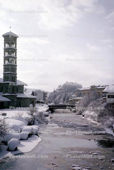 Tower, Frozen River, Ice, Snow, Buildings, Saint Moritz, Switzerland, 1950s