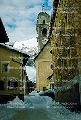 Snowy Street, Clock Tower, Saint Moritz, Switzerland, 1950s