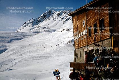 Corviglia-Piz Nair, Piz Nair, People standing in line, Building, Saint Moritz, Switzerland, 1950s