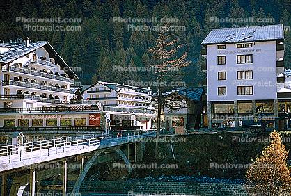 Hotel Bristol, Hotel Couronne, Buildings, Chalet, River, Zermatt, Switzerland, 1950s