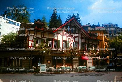 Restaurant Old Swiss, Building, Landmark, L?wenplatz, Lucerne, Luzern, Switzerland, 1950s