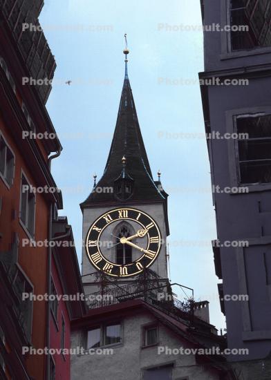 Clock Tower, Steeple, Building, Zurich, Switzerland, roman numerals, outdoor clock, outside, exterior