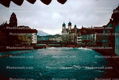 River, Water, Buildings, Zurich, Switzerland, 1950s