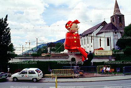 Balloon Boy, buildings, Saint Catherine's church, cars, Sierre, Valais, Switzerland