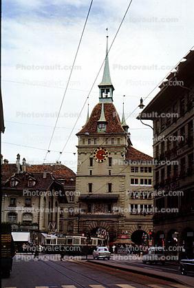 Clock Tower, Trolley, Prison Tower, (Kafigturm), tracks, buildings, cobblestone, oldtown, Bern, Switzerland