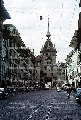 Prison Tower, (Kafigturm), Clock Tower, tracks, buildings, cobblestone, oldtown, Bern, Switzerland