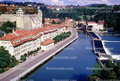 River, buildings, valley, Bern, Switzerland
