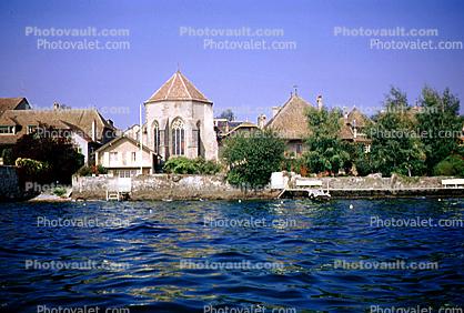 Lake, Church, buildings, shoreline, homes, houses, Switzerland