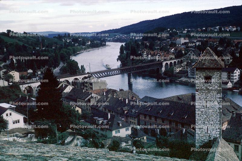 River, Bridge, tower, buildings, village, Switzerland