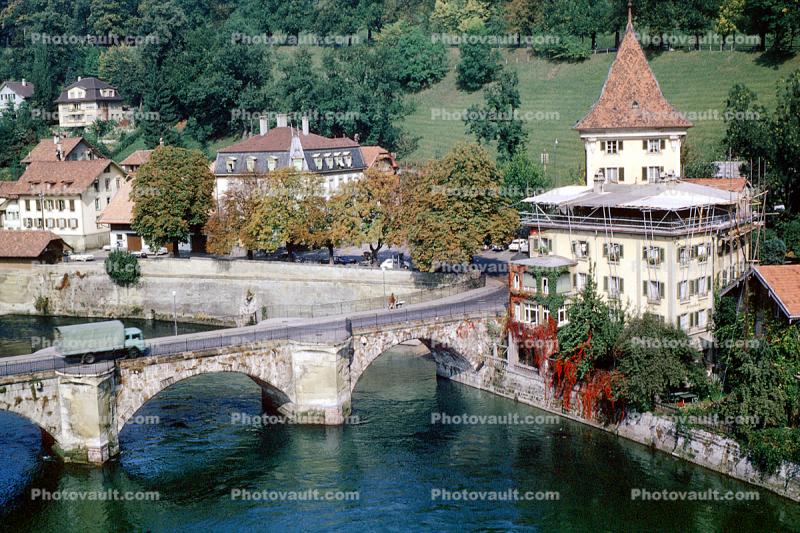 Buildings, forest, river, Truck, Stone Arch Bridge, Bern, Switzerland