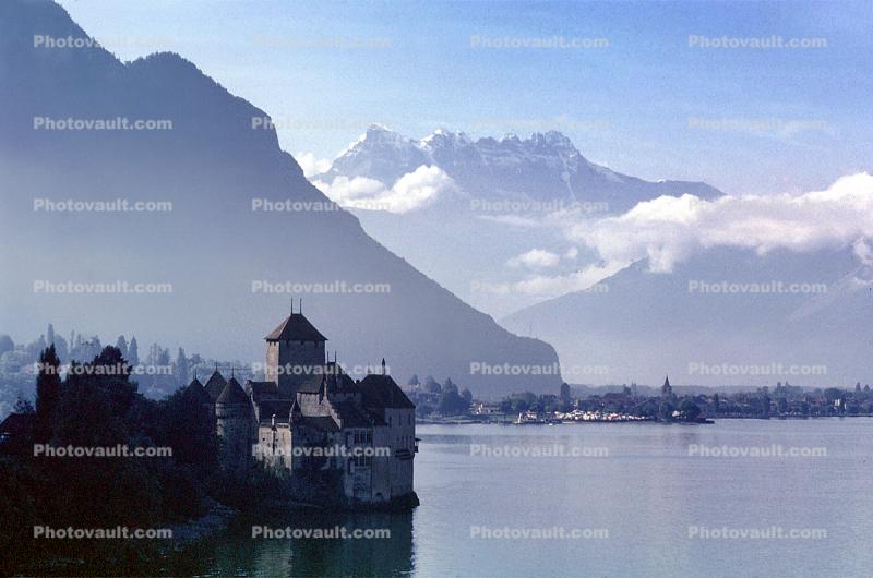 Castle, Mountains, lake, Chillon, Switzerland