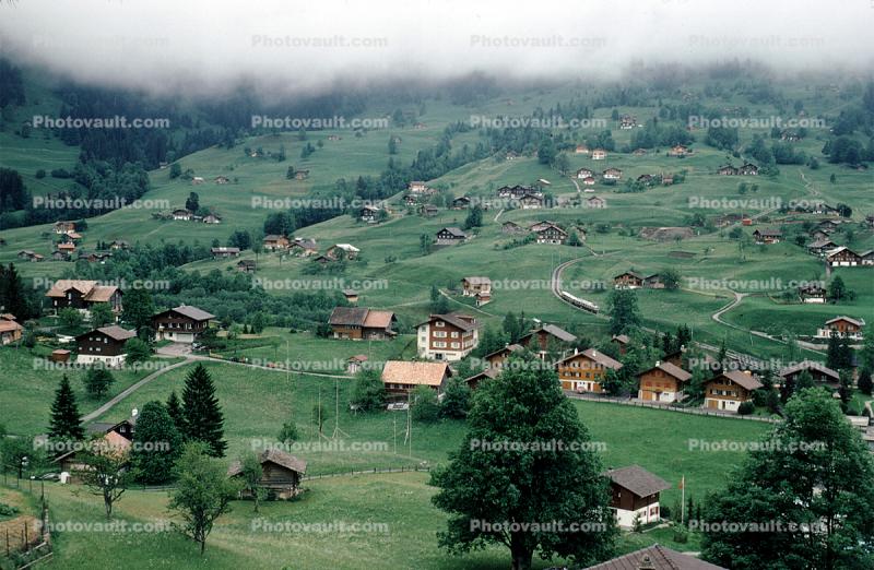 Valley, Fog, Homes, Buildings, Mountain, Grindelwald, Switzerland