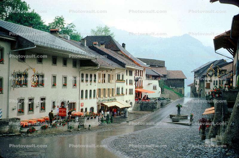 Rainy Wet Road, Buildings, Bucolic, Gruyere, Switzerland