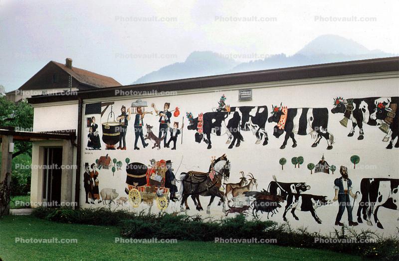 Wall Painting, Building, Cheese Factory, Horses, Cows, Gruyere, Switzerland