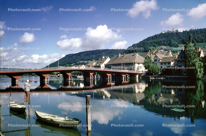 Bridge, Reflection, Calm, Boats, Hills, Stein Am Rhine, (Rhein), Rhine River, Switzerland