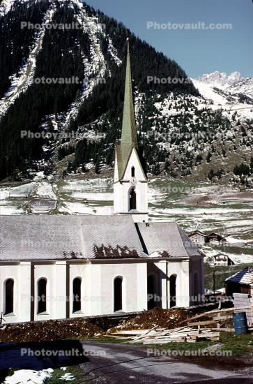 Village, Church, Steeple, Mountains, building, Constantine, Switzerland